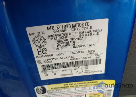 2013 Ford F-150 Fx4 from USA, damaged, VIN 1FTFW1EF2DFB12054